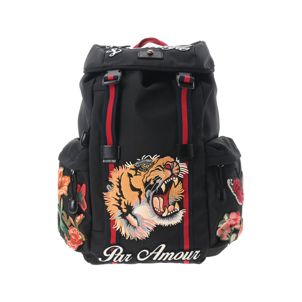 Gucci Tiger Embroidery Sherry Backpack Black Nylon Daypack